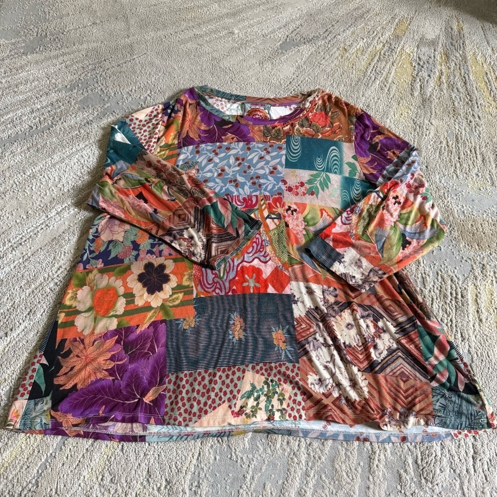 Johnny Was Multicolor Patchwork Floral Long Sleeve Tee